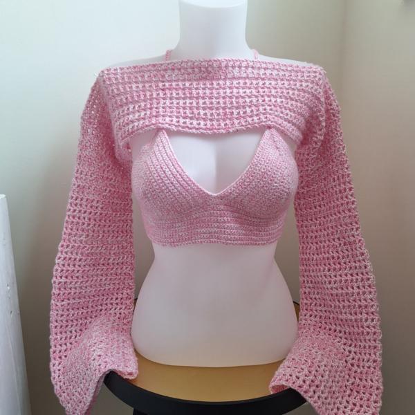 Gehaakte shrug | gehaakte bolero 'Wit en lichtroze gemêleerd'