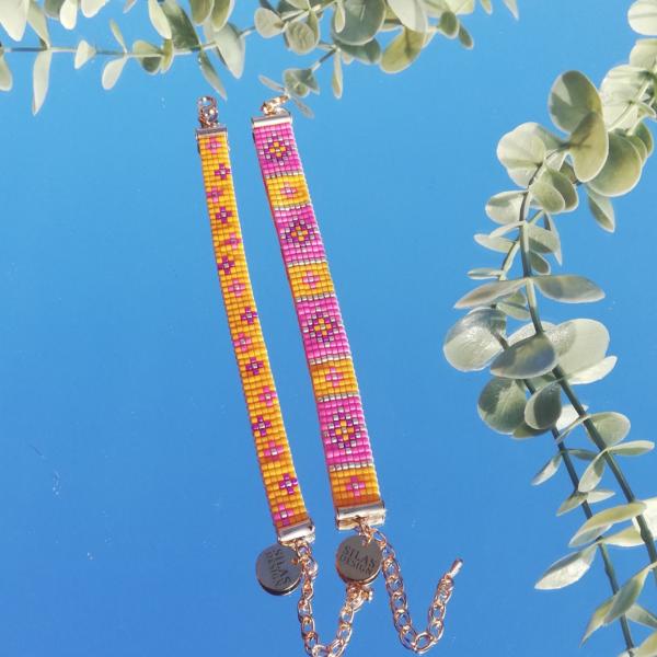 Geweven kralen armband | Geel en roze glas-in-lood