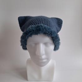 Gehaakte muts met imitatiebont | Denim Blauw