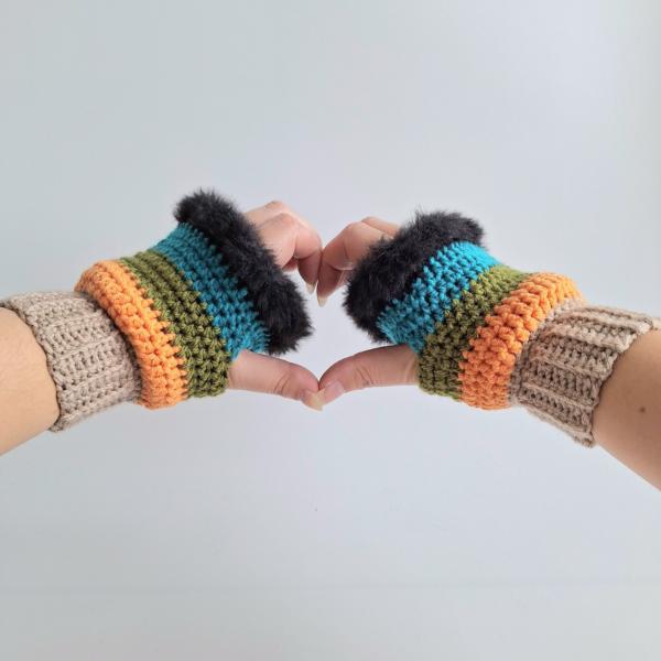Gehaakte handschoenen - gehaakte vingerloze handschoenen | Beige, geel, groen, petrol en zwart
