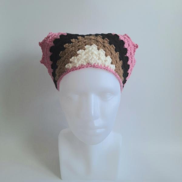 Gehaakte bandana | Crème, lichtbruin, zwart en roze