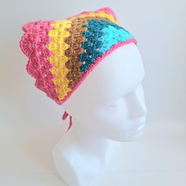 Gehaakte bandana | Turquoise, petrol, lichtbruin, geel en knalroze