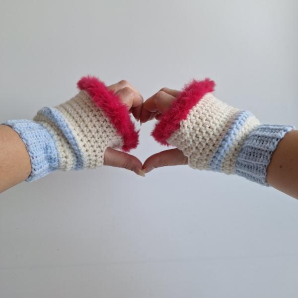 Gehaakte handschoenen - gehaakte vingerloze handschoenen | Lichtblauw, crème en knalroze