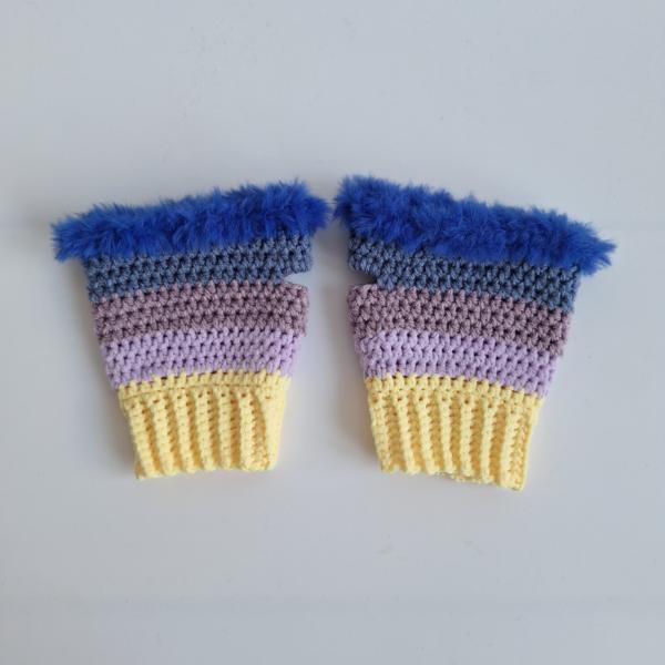 Gehaakte handschoenen - gehaakte vingerloze handschoenen | Geel, lila, taupe, denimblauw en kobaltblauw