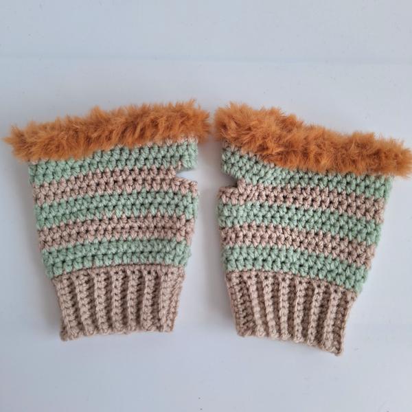 Gehaakte handschoenen - gehaakte vingerloze handschoenen | Beige, sagegroen en karamelbruin