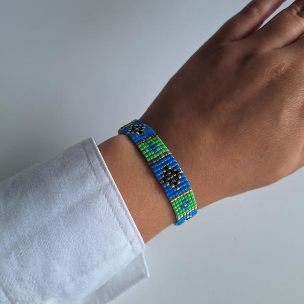 Geweven kralen armband | Blauw en groen glas-in-lood
