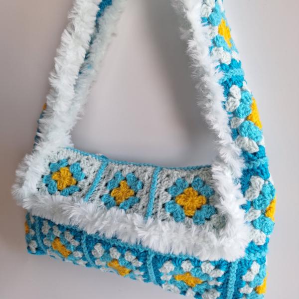 Gehaakte tas | Turquoise met lichtblauw imitatiebont