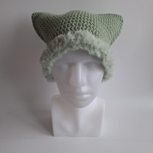 Gehaakte muts met imitatiebont | Sagegroen