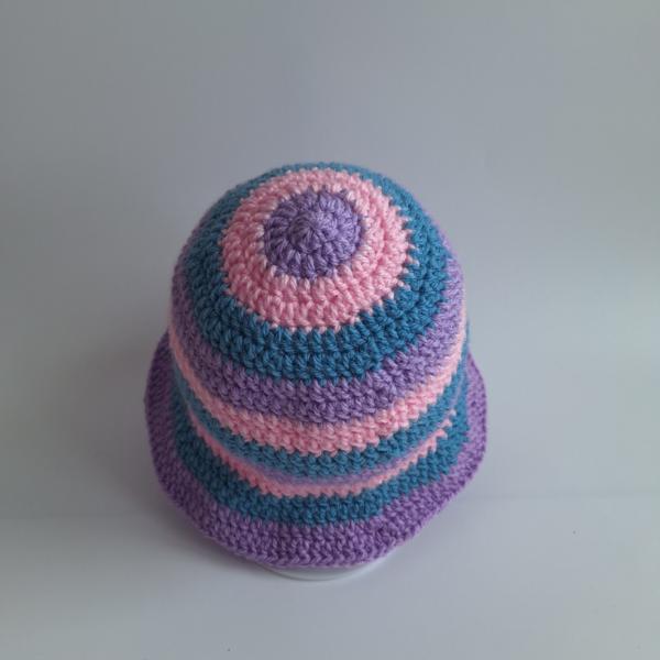 Gehaakt baby zonnehoedje 'Roze, blauw en lila'