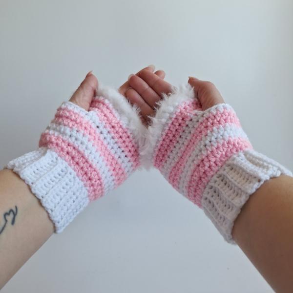 Gehaakte handschoenen - gehaakte vingerloze handschoenen | Wit en lichtroze