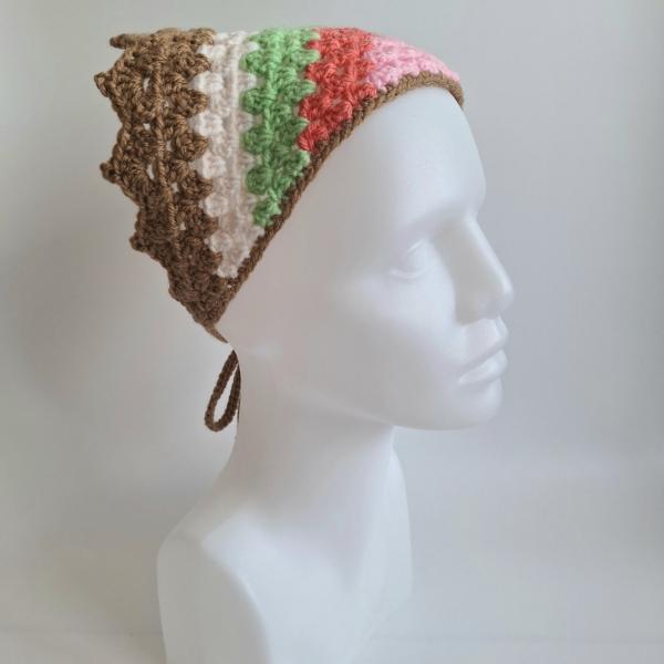 Gehaakte bandana | Lichtroze, koraaloranje, lichtgroen, crème en lichtbruin