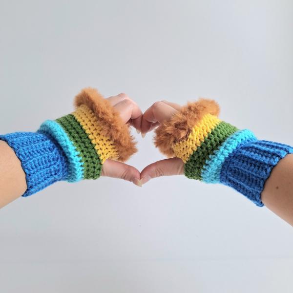 Gehaakte handschoenen - gehaakte vingerloze handschoenen | Blauw, turquoise, groen, geel en bruin