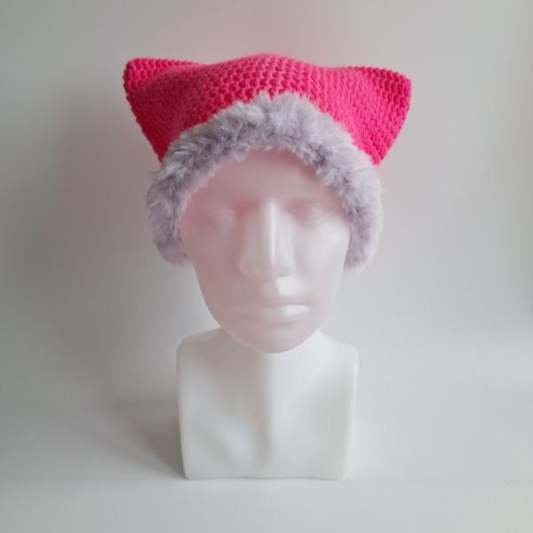 Gehaakte muts met imitatiebont | Neon roze en lila