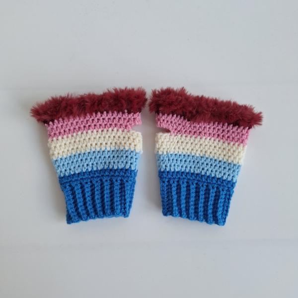 Gehaakte handschoenen - gehaakte vingerloze handschoenen | Blauw, lichtblauw, crème, lichtroze en wijnrood