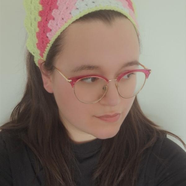 Gehaakte bandana | Wit, lichtroze, knalroze en limegroen