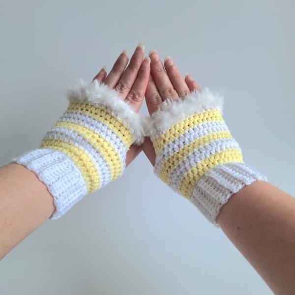 Gehaakte handschoenen - gehaakte vingerloze handschoenen | Wit en geel