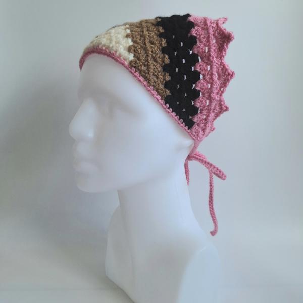 Gehaakte bandana | Crème, lichtbruin, zwart en roze