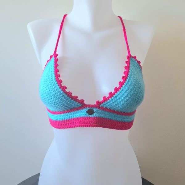 Gehaakt topje | Turquoise en knalroze