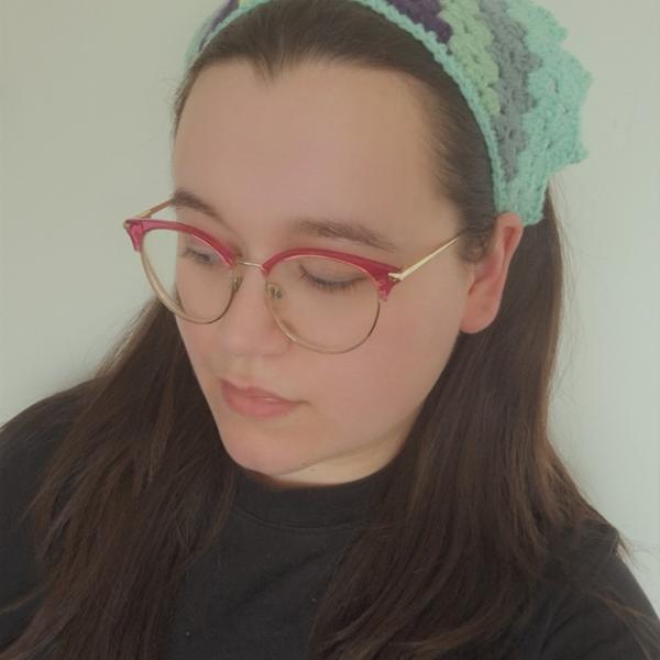 Gehaakte bandana | Limegroen, donkerpaars, eucalyptus, grijsblauw en mintgroen