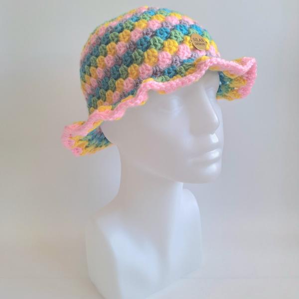 Gehaakte bucket hat | Lichtroze, geel, eucalypstus, turquoise en lila