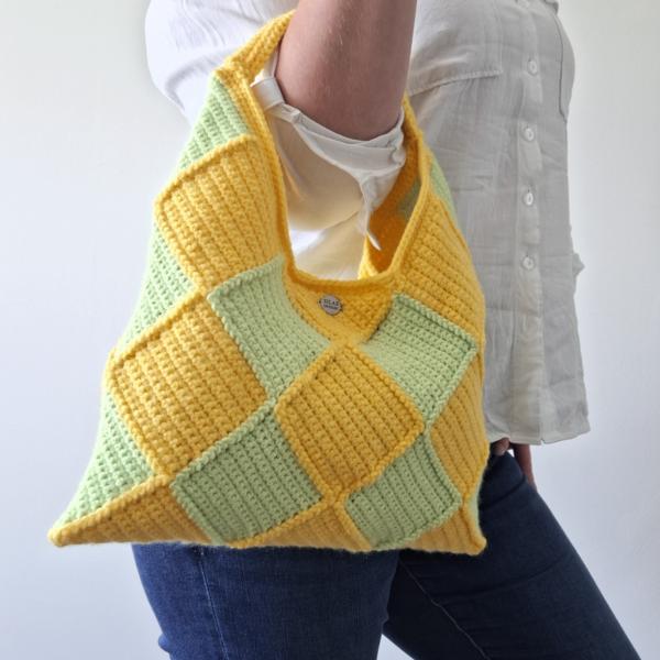Gehaakte checker handtas 'Geel en groen'