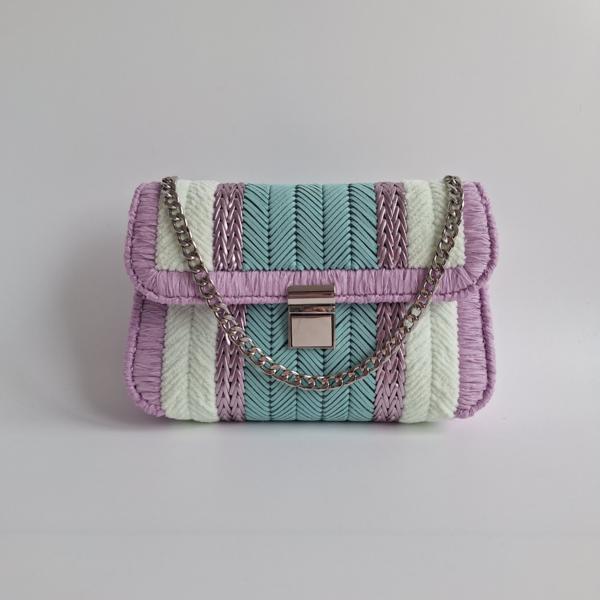 Geweven crossbody tas | Turquoise, lila, pastel geel en zilver