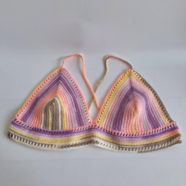 Gehaakt topje 'Boho top geel, beige, perzikoranje, paars en lila'