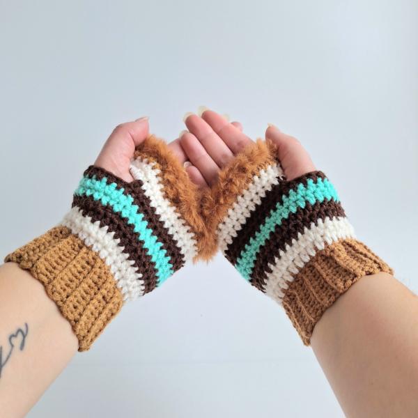 Gehaakte handschoenen - gehaakte vingerloze handschoenen | karamelbruin, crème, turquoise en donkerbruin