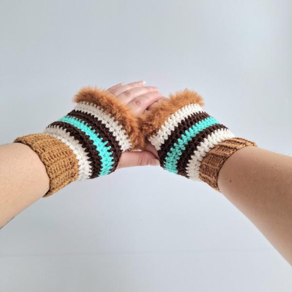 Gehaakte handschoenen - gehaakte vingerloze handschoenen | karamelbruin, crème, turquoise en donkerbruin