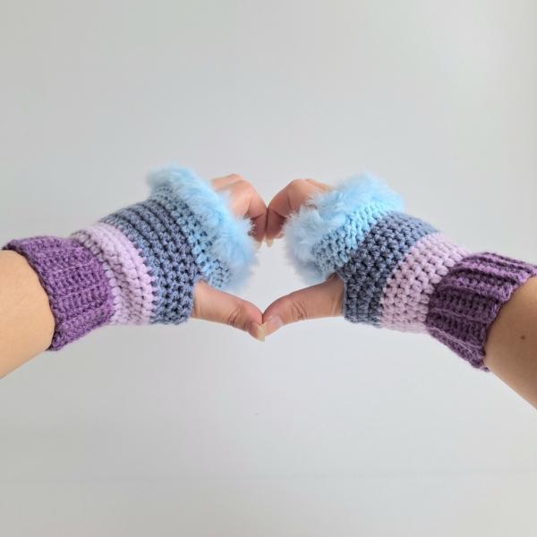 Gehaakte handschoenen - gehaakte vingerloze handschoenen | Paars, lila, denimblauw en lichtblauw