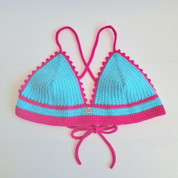 Gehaakt topje | Turquoise en knalroze