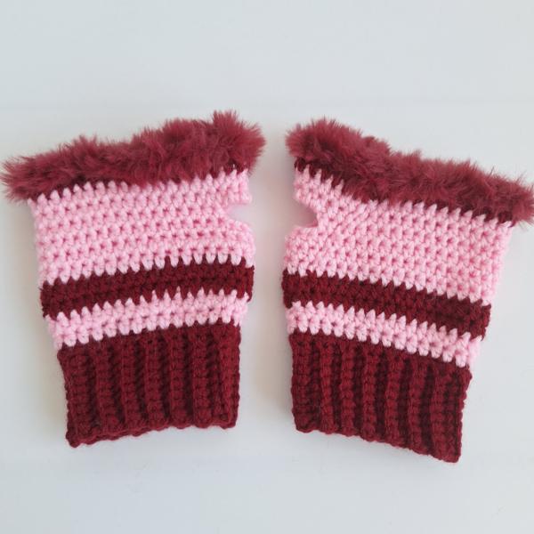 Gehaakte handschoenen - gehaakte vingerloze handschoenen | Wijnrood en lichtroze