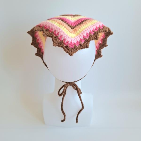 Gehaakte bandana | Perzikoranje, pastel geel, lichtroze, knalroze en lichtbruin