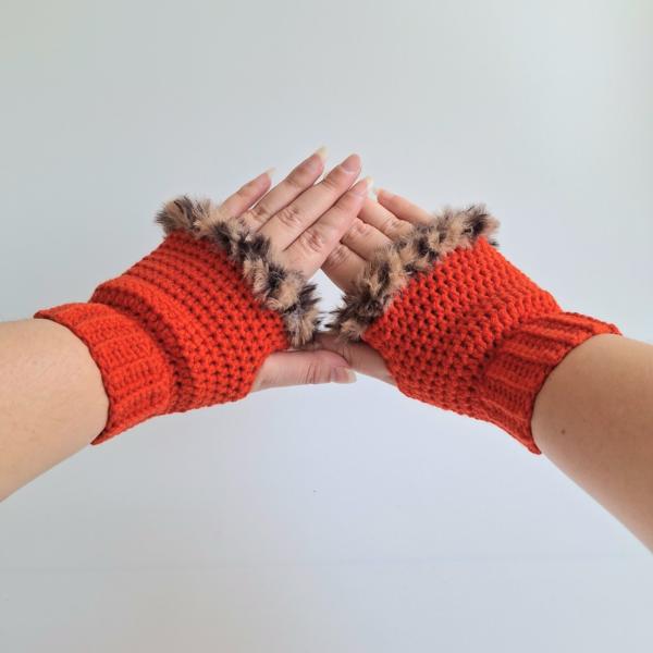 Gehaakte handschoenen - gehaakte vingerloze handschoenen | Rood en bruin gemêleerd