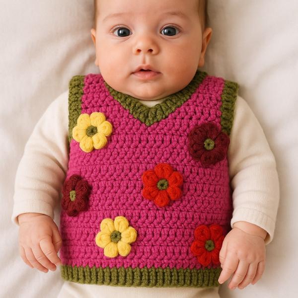 Gehaakt baby vestje | Fuchsia en donkergroen met gele, wijnrode en knalrode bloemen