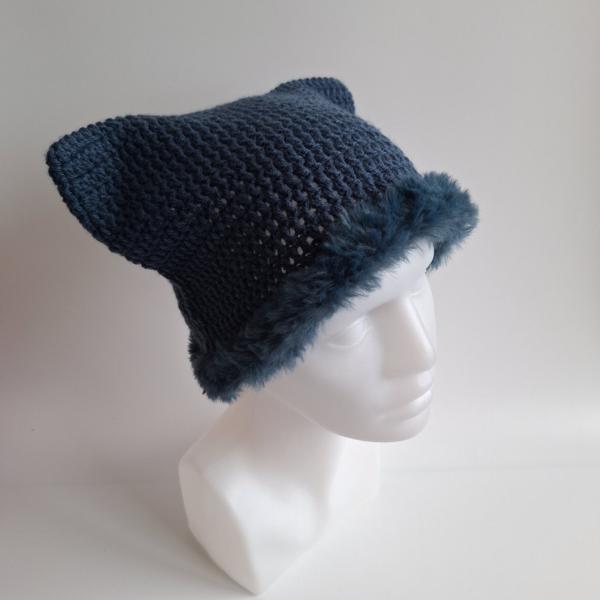 Gehaakte muts met imitatiebont | Denim Blauw
