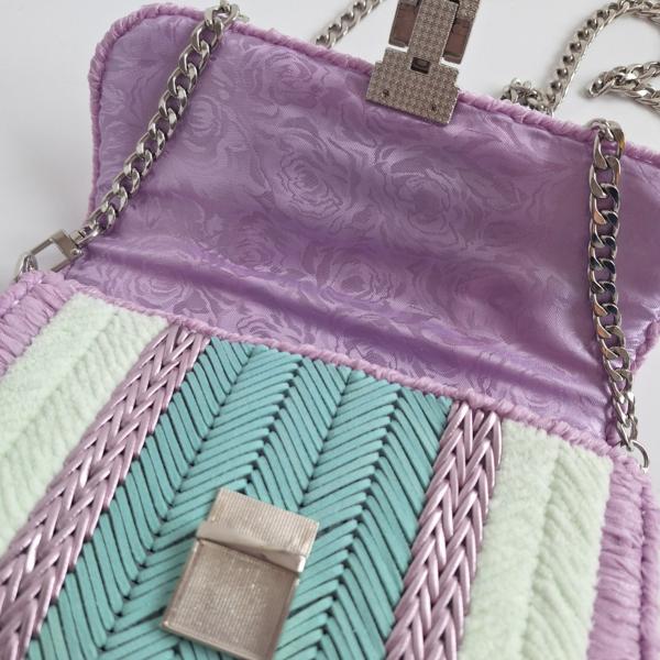 Geweven crossbody tas | Turquoise, lila, pastel geel en zilver