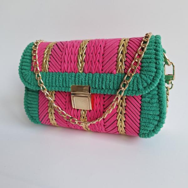 Geweven crossbody tas | Roze, groen en goud