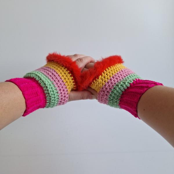 Gehaakte handschoenen - gehaakte vingerloze handschoenen | Knalroze, mintgroen, lichtroze, geel en rood