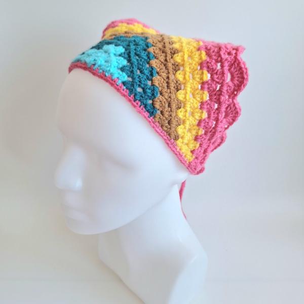 Gehaakte bandana | Turquoise, petrol, lichtbruin, geel en knalroze