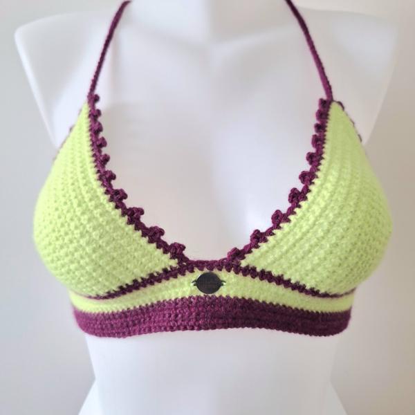 Gehaakt topje | Limegroen en aubergine paars
