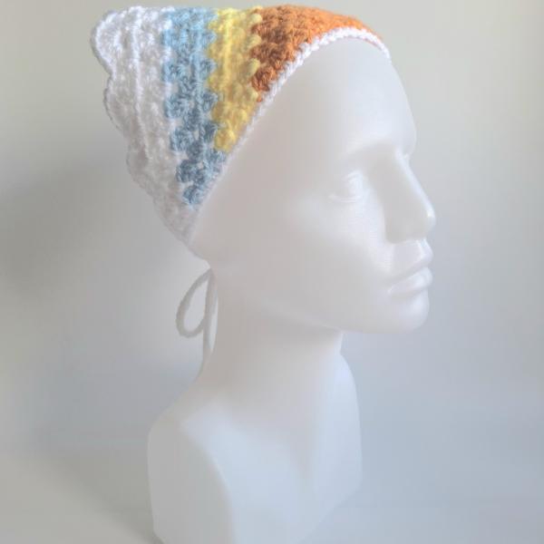 Gehaakte bandana | Oranje, pastel geel, lichtblauw en wit
