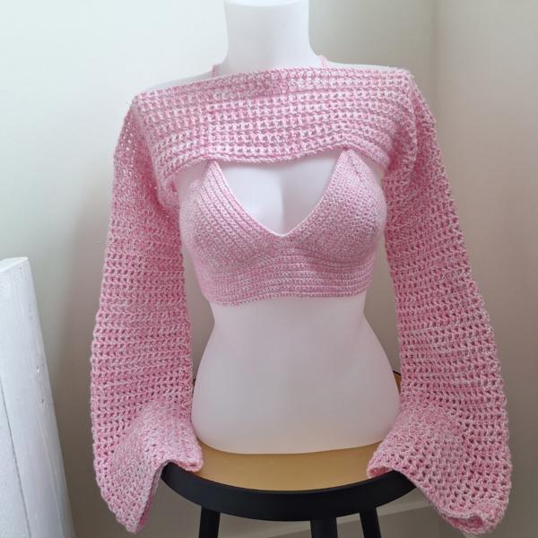 Gehaakte shrug | gehaakte bolero 'Wit en lichtroze gemêleerd'