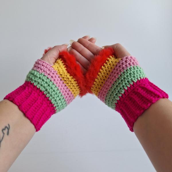 Gehaakte handschoenen - gehaakte vingerloze handschoenen | Knalroze, mintgroen, lichtroze, geel en rood