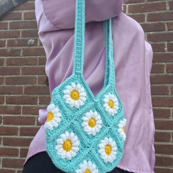 Gehaakte tas | Turquoise madeliefjes