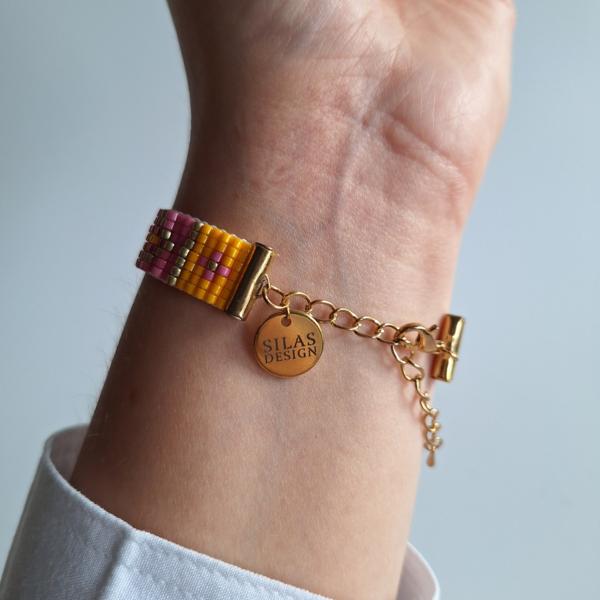 Geweven kralen armband | Geel en roze glas-in-lood