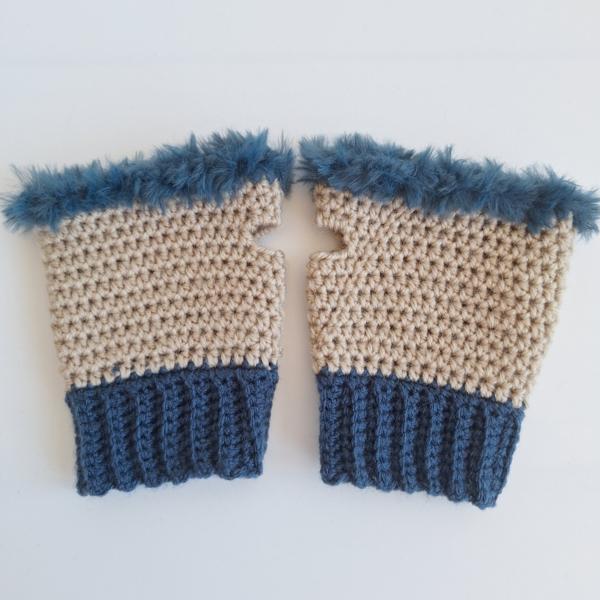 Gehaakte handschoenen - gehaakte vingerloze handschoenen | Beige en denimblauw