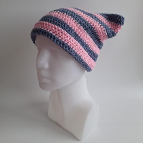 Gehaakte muts | Lichtroze en denimblauw