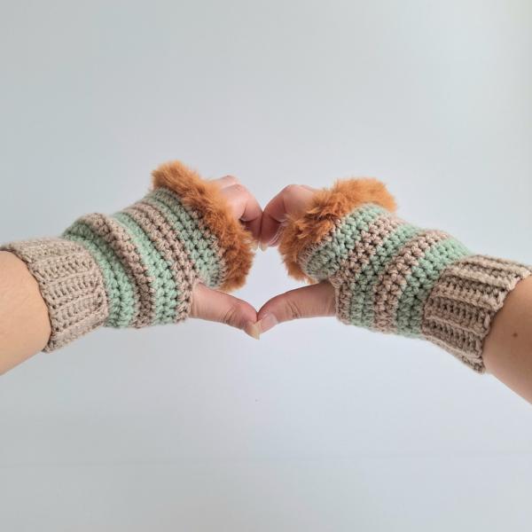 Gehaakte handschoenen - gehaakte vingerloze handschoenen | Beige, sagegroen en karamelbruin