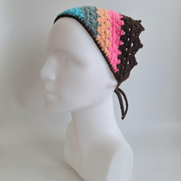 Gehaakte bandana | Turquoise, denimblauw, perzikoranje, neon roze en donkerbruin